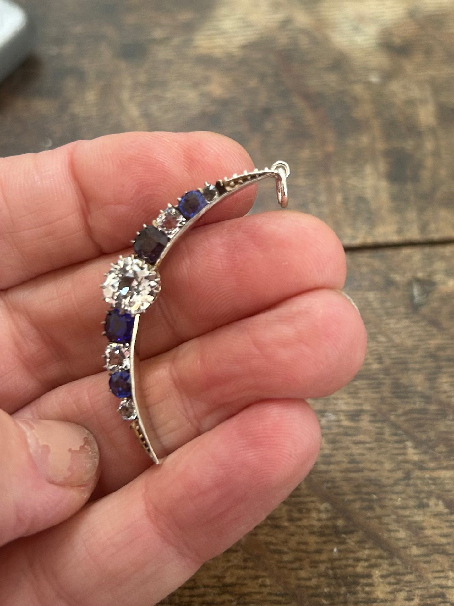 Antique paste and silver crescent brooch